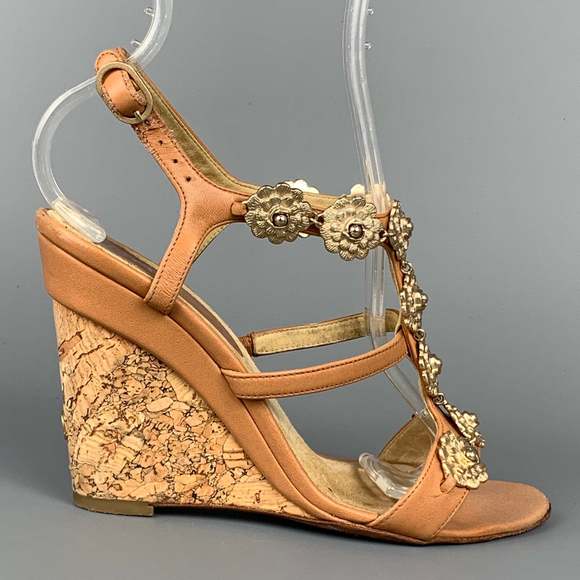 CHANEL Tan and Gold Wedge Sandals - Picture 1 of 7